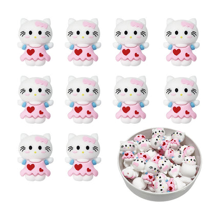 3D Silicone Focal Beads Cute White Kitty Cat Wearing Pink Dress 2