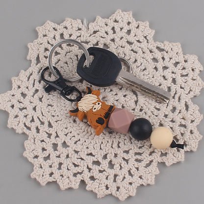 Cartoon Animal Cattle Silicone Bead Keychain with Beaded Charm 3