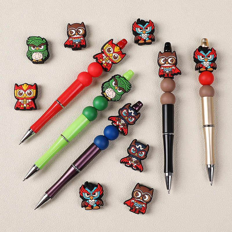 20Pcs Silicone Focal Beads Cartoon Owl Super Hero Front Facing 3