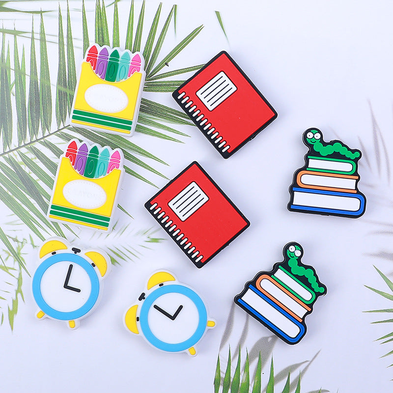 20pcs Silicone Focal Beads Crayon Alarm Clock Bookworm with Layered Detail 2