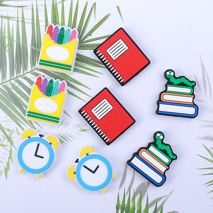 20pcs Silicone Focal Beads Crayon Alarm Clock Bookworm with Layered Detail 2