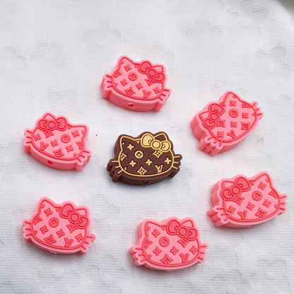 20Pcs Silicone Focal Beads Cat Head with Bow Outline Pattern
