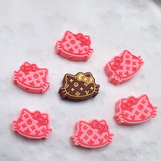 20Pcs Silicone Focal Beads Cat Head with Bow Outline Pattern
