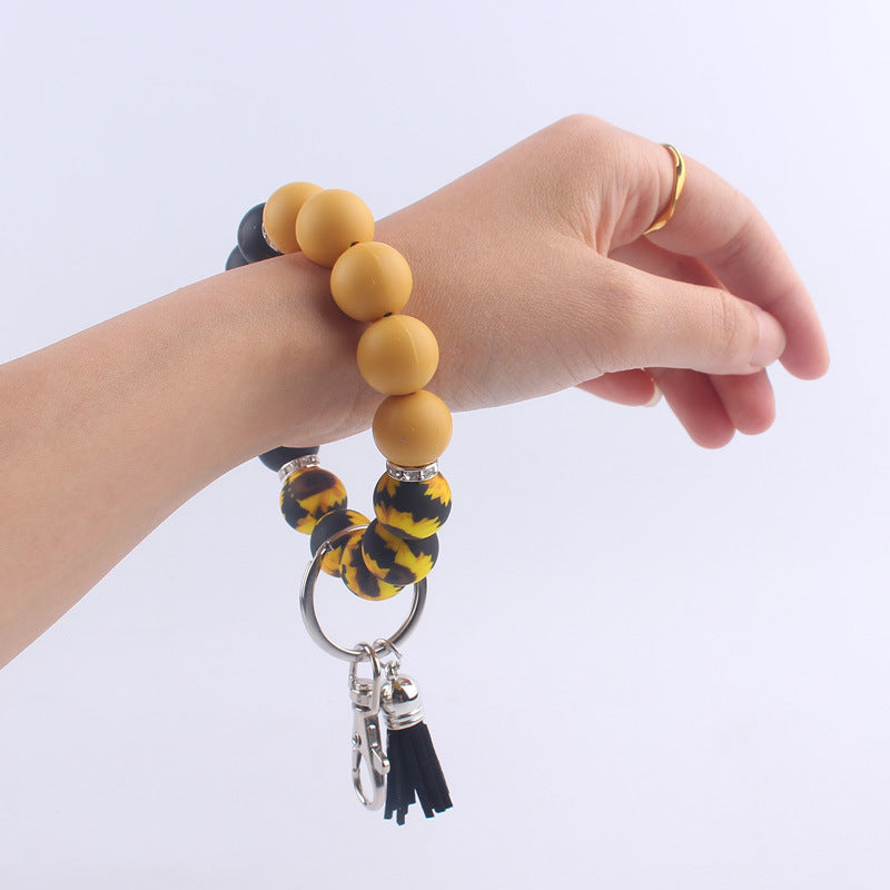 Leopard Print Tassel Silicone Bead Wristlet Keychain Charm 3