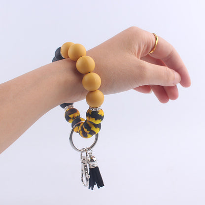 Leopard Print Tassel Silicone Bead Wristlet Keychain Charm 3
