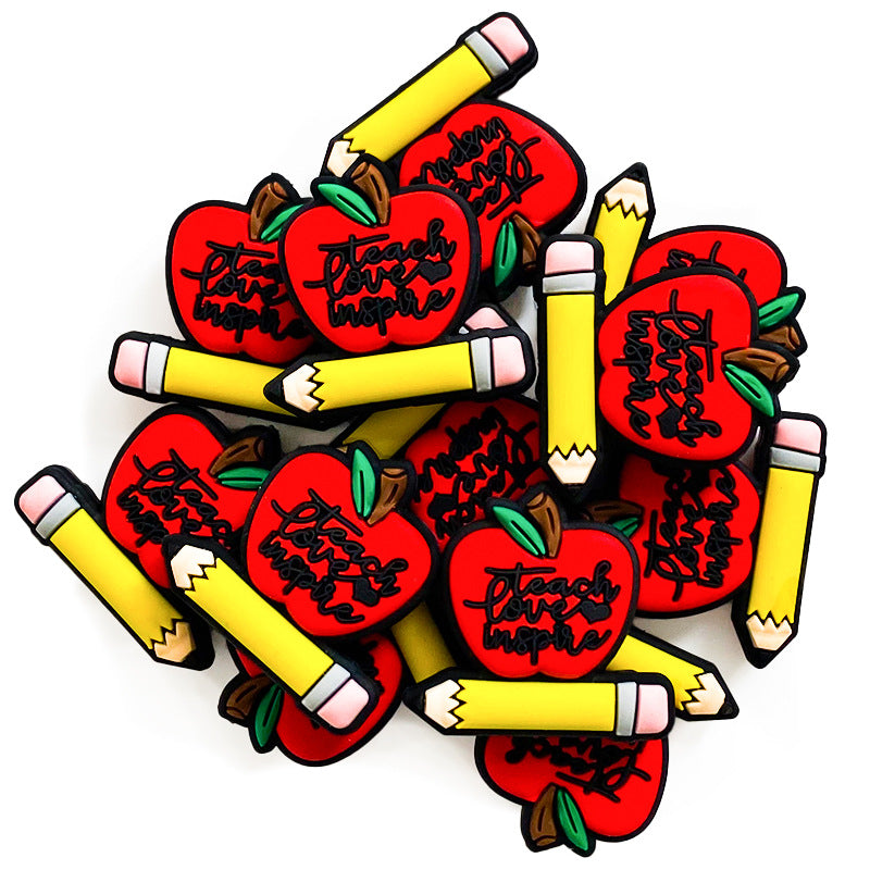 20pcs Silicone Focal Beads Teacher Apple with Pencil Design 2
