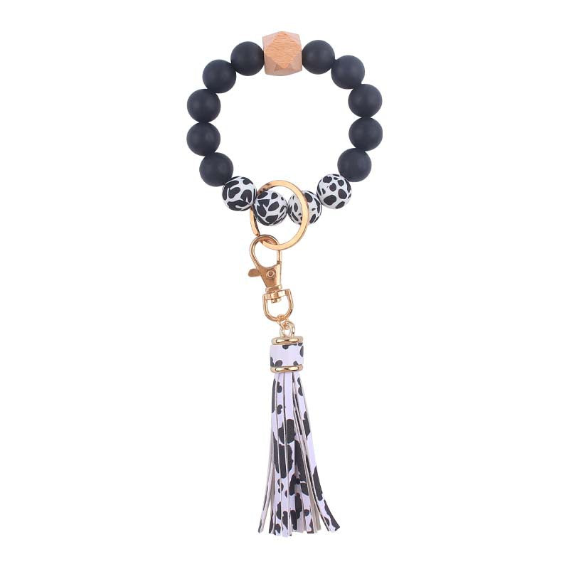 PU Tassel Silicone Bead Wristlet Keychain with Wooden Bead 6