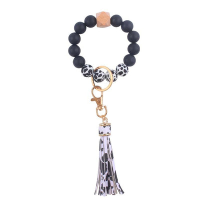 PU Tassel Silicone Bead Wristlet Keychain with Wooden Bead 6