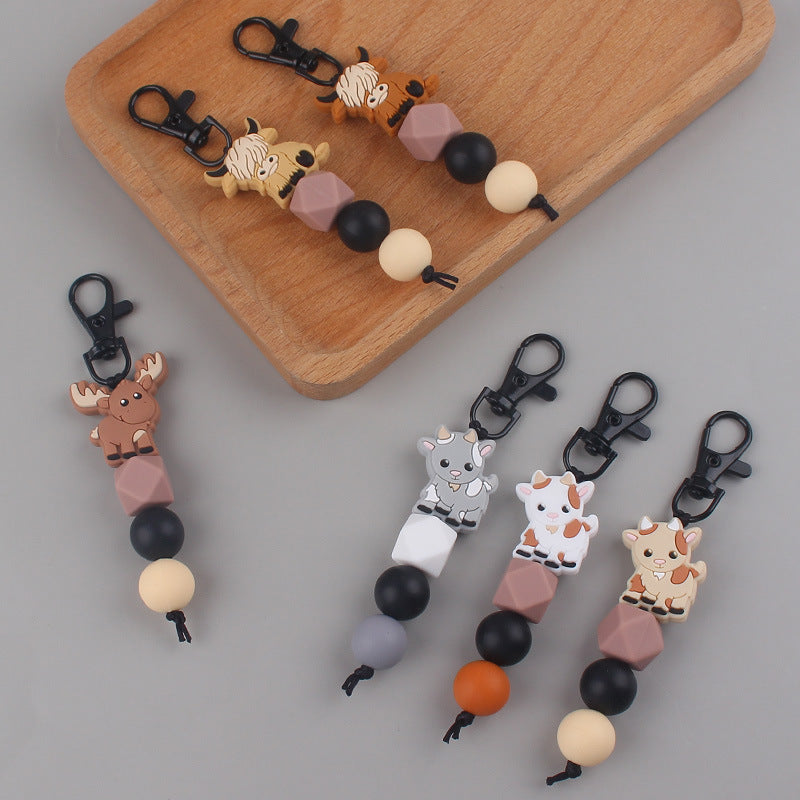 Cartoon Animal Cattle Silicone Bead Keychain with Beaded Charm 2