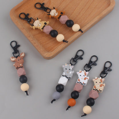 Cartoon Animal Cattle Silicone Bead Keychain with Beaded Charm 2
