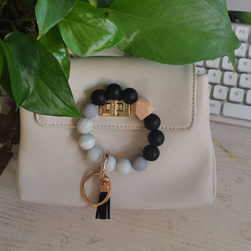 Leather PU Tassel Silicone Bead Wristlet Keychain Small Size 4