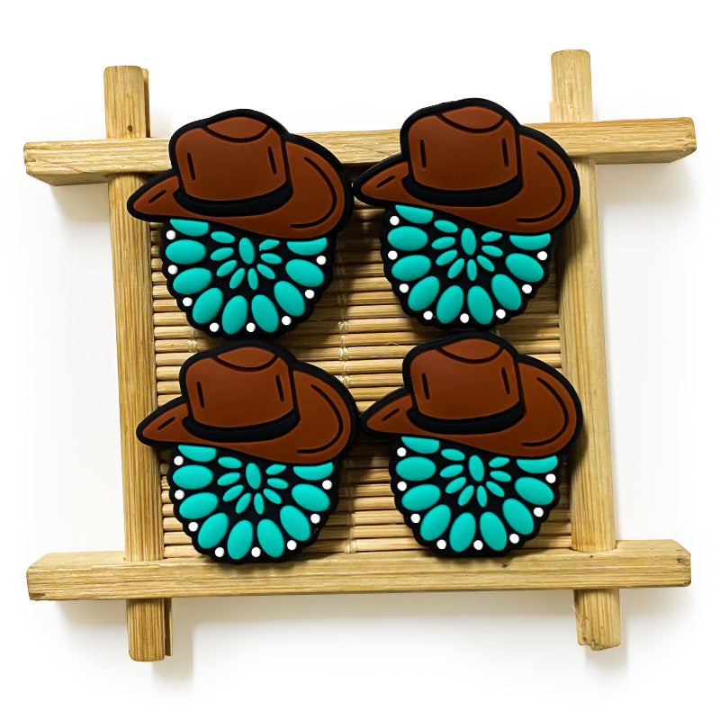 20pcs Silicone Focal Beads Western Brown Hat Turquoise Floral Pattern 2