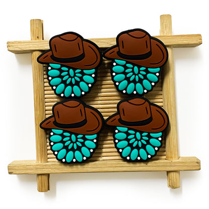 20pcs Silicone Focal Beads Western Brown Hat Turquoise Floral Pattern 2