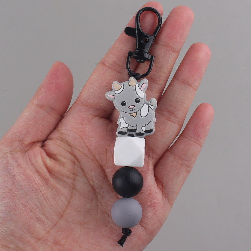 Cartoon Animal Cattle Silicone Bead Keychain with Beaded Charm 4