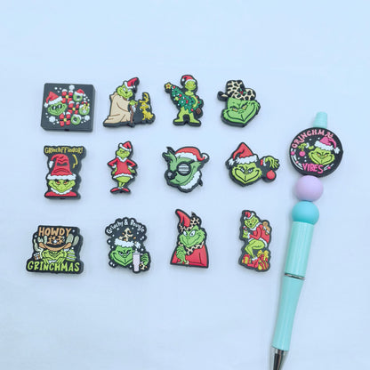 20Pcs Silicone Focal Beads Christmas Green Furry Character Scowling Face Set