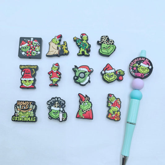 20Pcs Silicone Focal Beads Christmas Green Furry Character Scowling Face Set