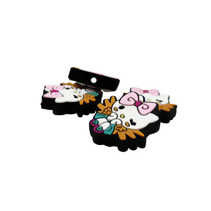 Silicone Focal Beads White Cat No Mouth Pink Bow Holding Wings 4