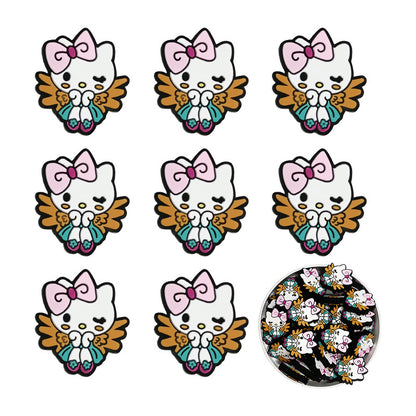 Silicone Focal Beads White Cat No Mouth Pink Bow Holding Wings 3