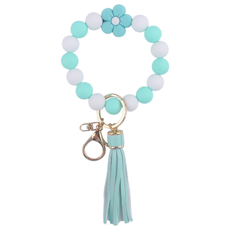 Flower Silicone Bead Wristlet Keychain with PU Leather Tassel 13