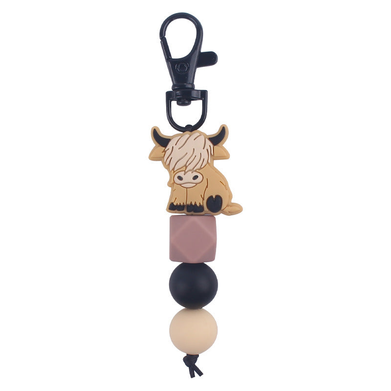 Cartoon Animal Cattle Silicone Bead Keychain with Beaded Charm 8