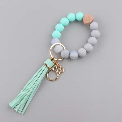 Leather PU Tassel Silicone Bead Wristlet Keychain 16