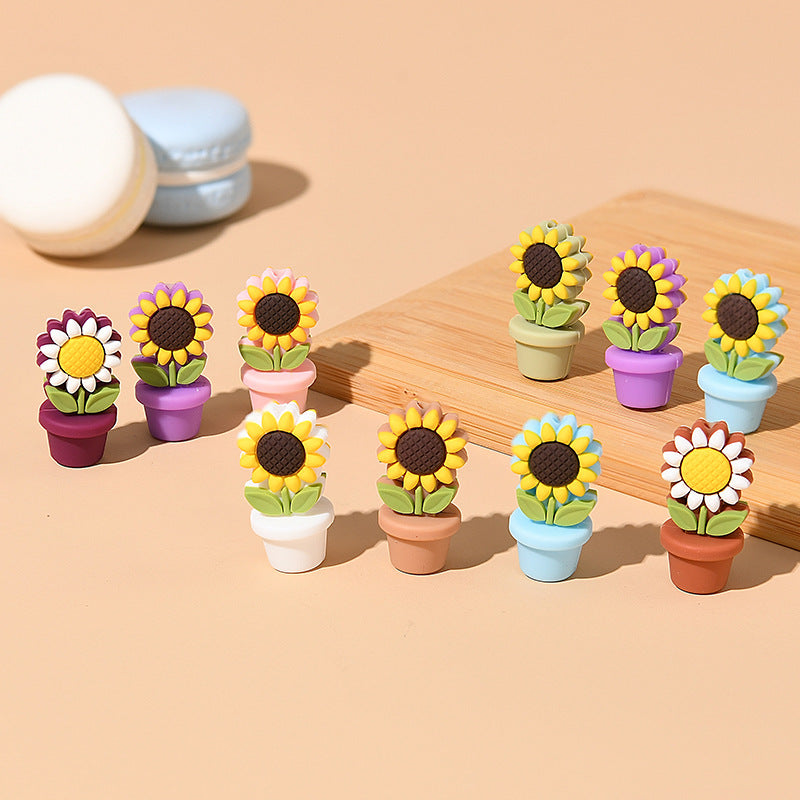20pcs Silicone Focal Beads Flower Pot Sunflower Yellow White Flower Design 3