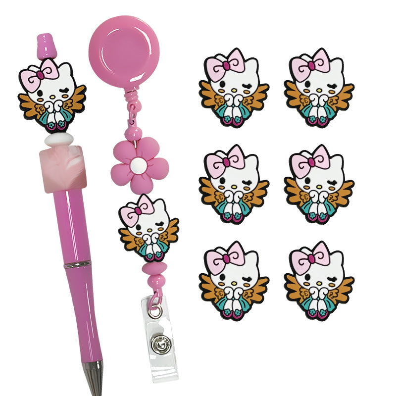 Silicone Focal Beads White Cat No Mouth Pink Bow Holding Wings 5