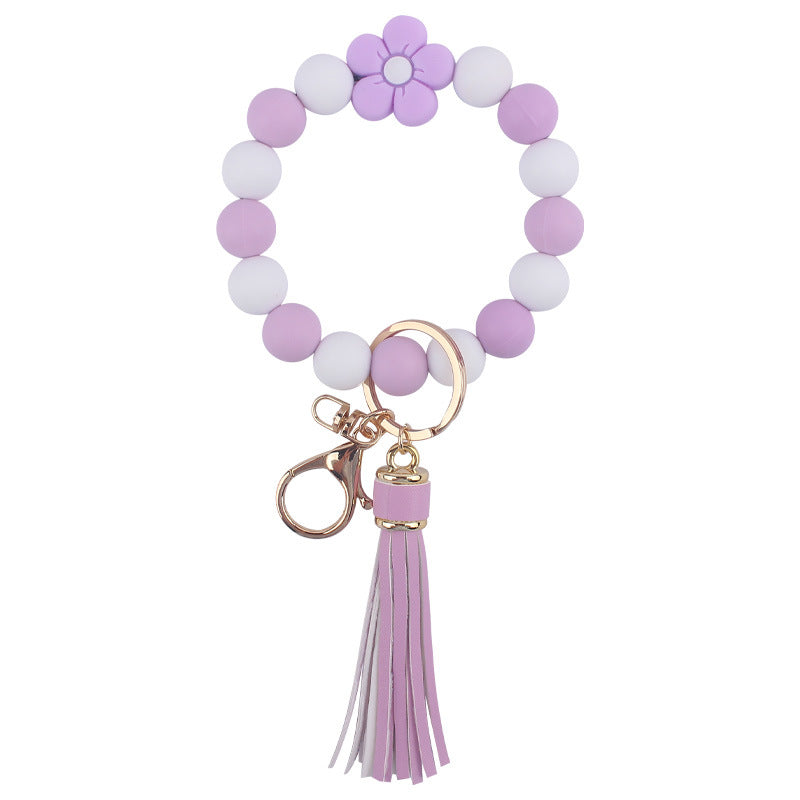 Flower Silicone Bead Wristlet Keychain with PU Leather Tassel 7