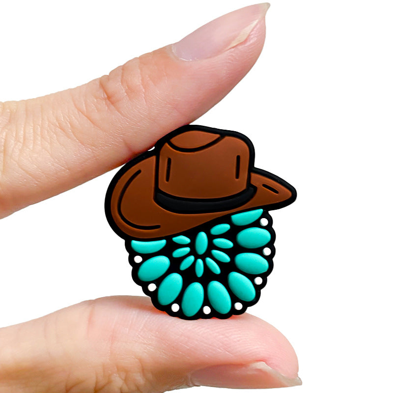 20pcs Silicone Focal Beads Western Brown Hat Turquoise Floral Pattern 4
