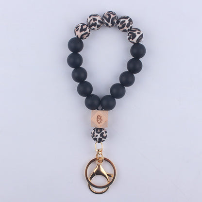 Octagonal Silicone Bead Wristlet Keychain with Wooden Accent 9