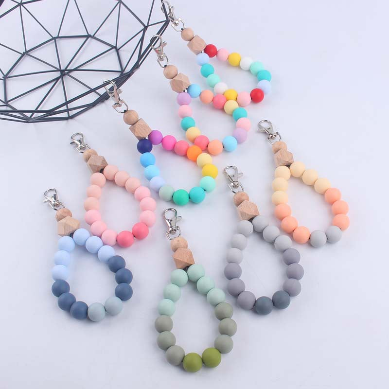 Contrast Wood Octagonal Silicone Bead Wristlet Keychain