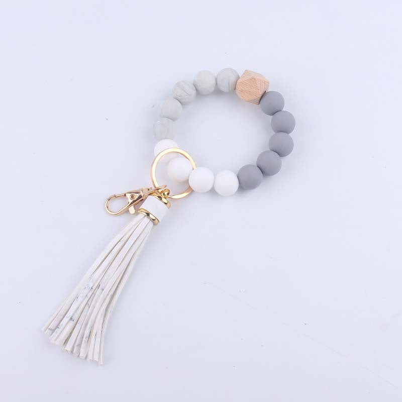 Octagonal Silicone Bead Wristlet Keychain with Tassel Charm 11