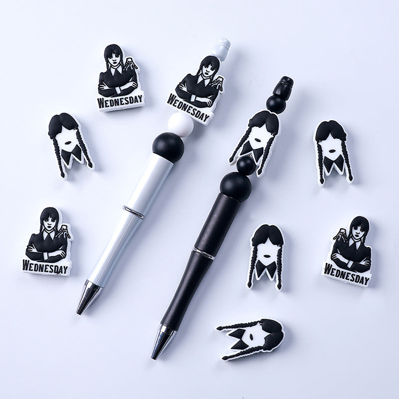 20pcs Silicone Focal Beads Wednesday Girl Front Facing with Braided Hair 4