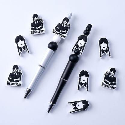 20pcs Silicone Focal Beads Wednesday Girl Front Facing with Braided Hair 4