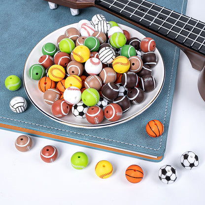 20pcs 15mm Printed Football Silicone Beads Sports Ball Design 2
