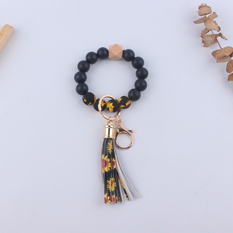 Leopard Print Silicone Bead Wristlet Keychain PU Tassel Charm 8