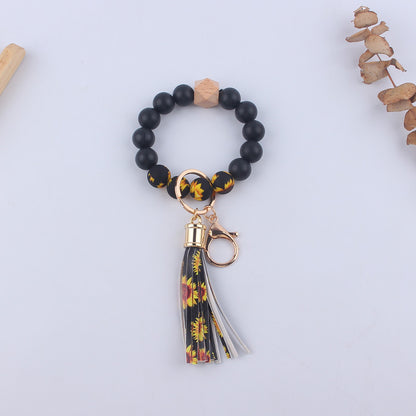 Leopard Print Silicone Bead Wristlet Keychain PU Tassel Charm 8