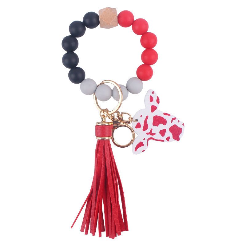 Western Cow Silicone Bead Wristlet Keychain PU Leather Tassel 11