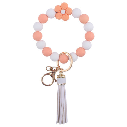 Flower Silicone Bead Wristlet Keychain with PU Leather Tassel 10