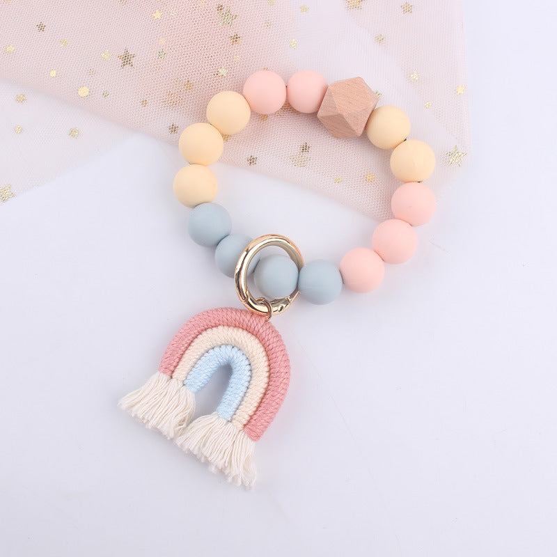 Rainbow Tassel Silicone Bead Wristlet Keychain with Wooden Accent 6