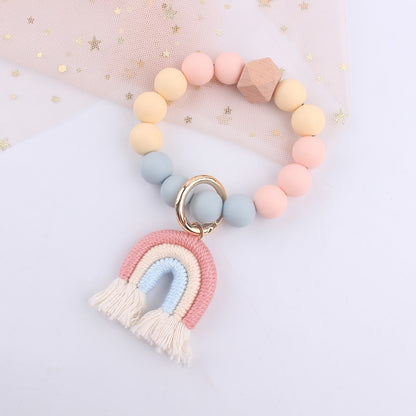 Rainbow Tassel Silicone Bead Wristlet Keychain with Wooden Accent 6