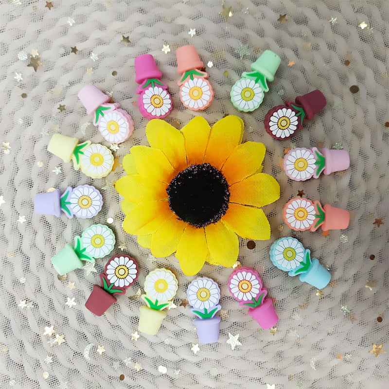20Pcs 3D Silicone Focal Beads Potted Daisy With Flower Pot 3