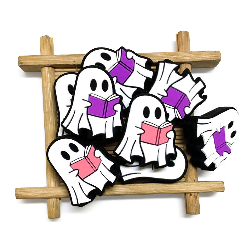 20pcs Silicone Focal Beads Halloween White Ghost Reading Book 4