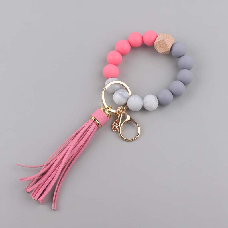 Leather PU Tassel Silicone Bead Wristlet Keychain 8