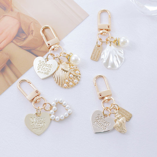 Cute Shell Metal Keychain with Pearl and Heart Charms