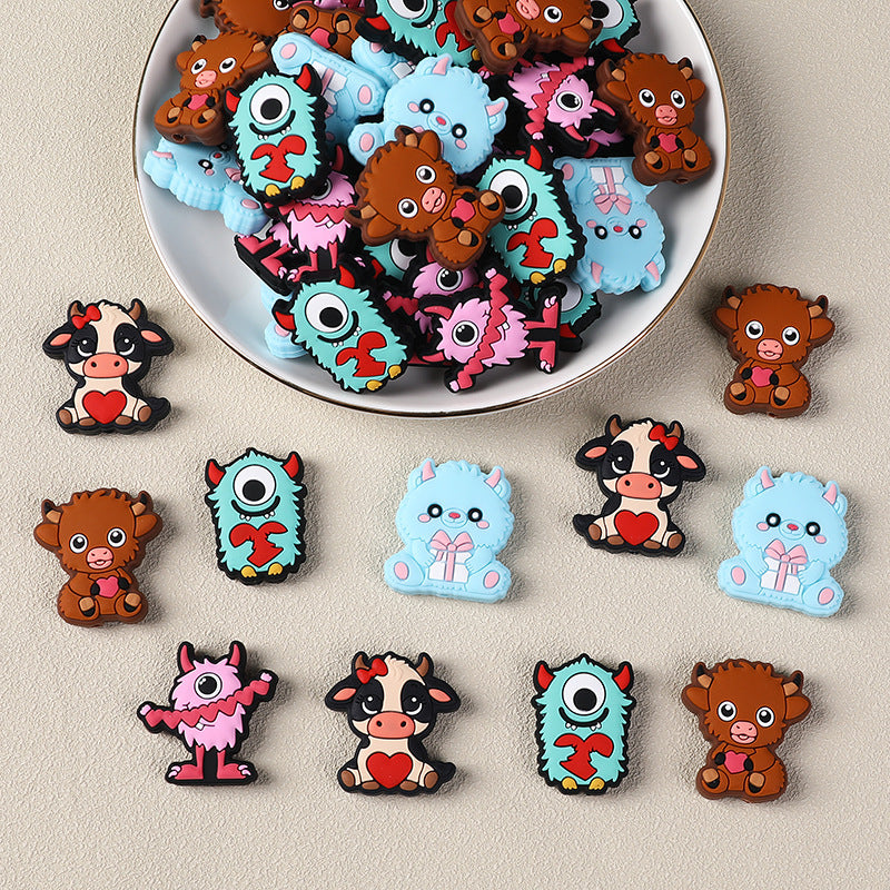 Silicone Focal Beads Valentine'S Day Cute Monster Collection with Heart Detail
