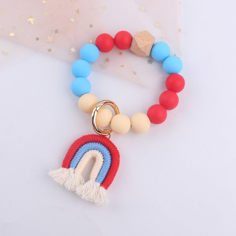 Rainbow Tassel Silicone Bead Wristlet Keychain with Wooden Accent 10