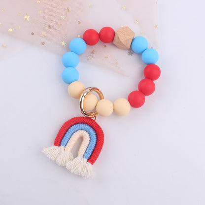 Rainbow Tassel Silicone Bead Wristlet Keychain with Wooden Accent 10
