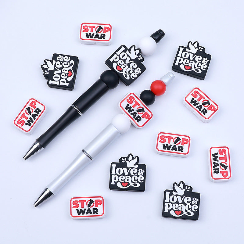 20pcs Silicone Focal Beads Love and Peace with Dove and Stop War Printed 4