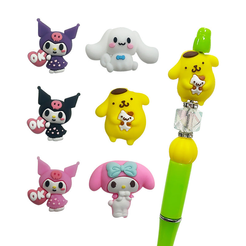 Silicone 3D Focal Beads White Rabbit Pink Hood and Yellow Pudding Dog Holding Cat